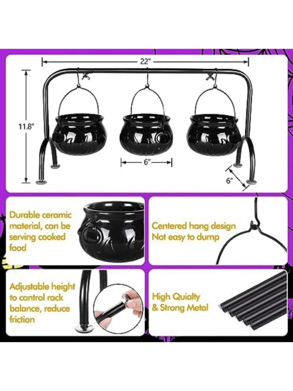 Spooky Halloween Party Decor - Set of 3 Ceramic Witches Cauldron Bowls